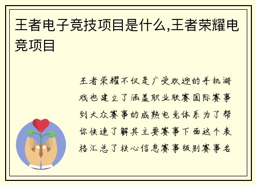 王者电子竞技项目是什么,王者荣耀电竞项目
